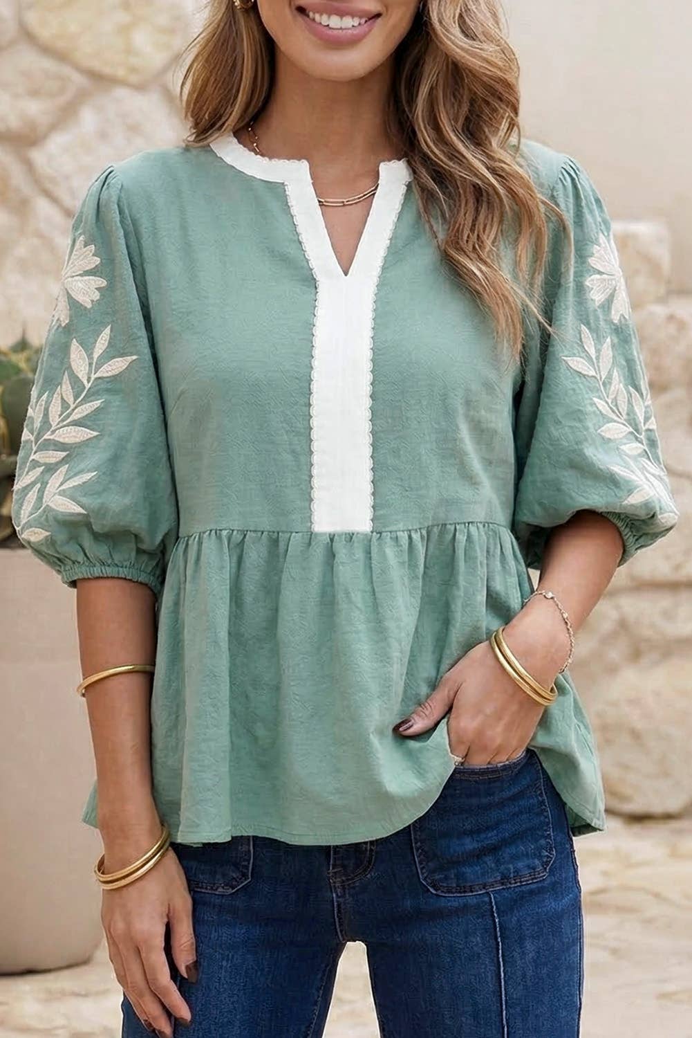 LDC Spring 2026 Patchwork Embroidered Puff Babydoll Blouse