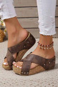 Criss Cross Cut Out PU Leather Wedge Slippers