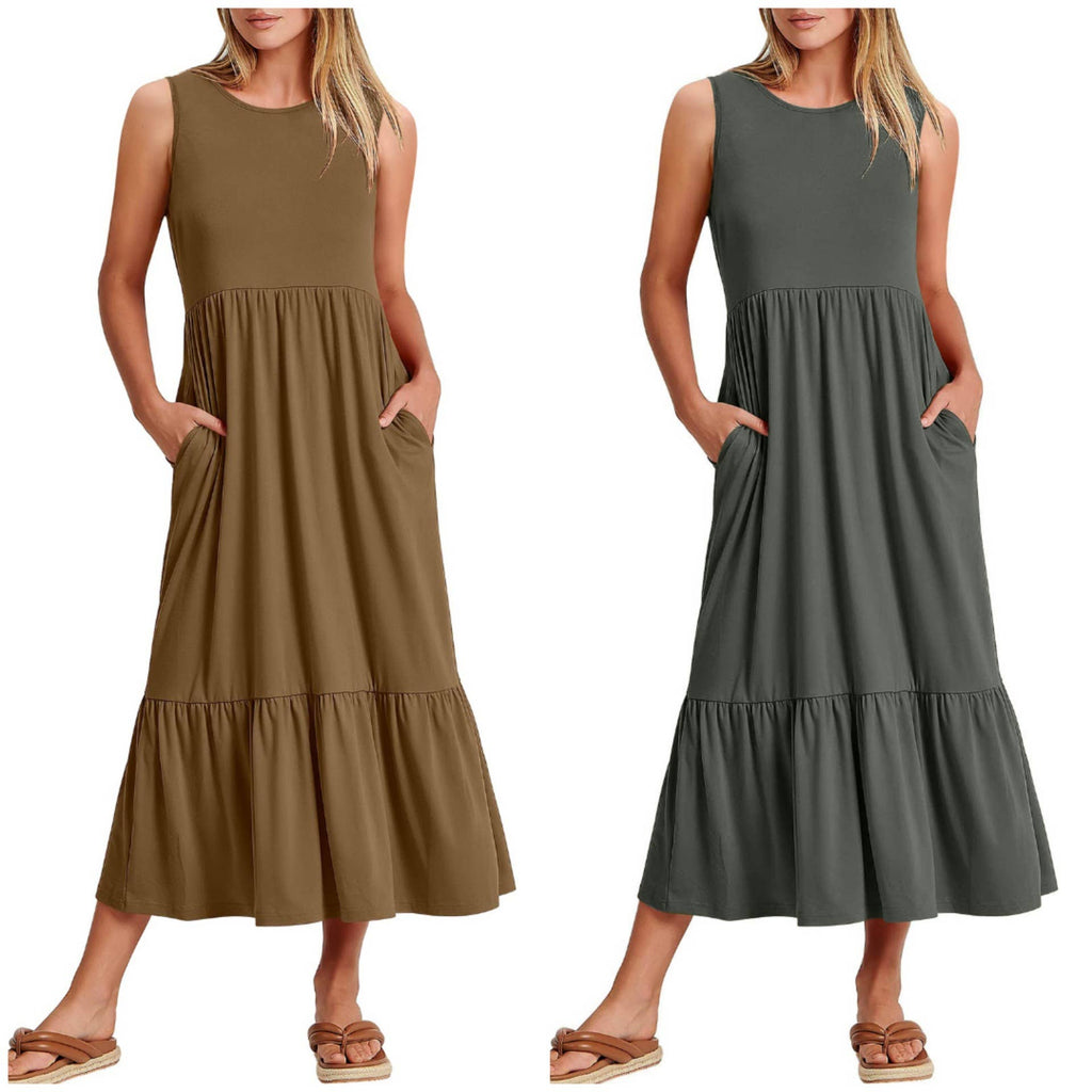 Ladies Sleeveles Pockets Simple Midi Dress 9123