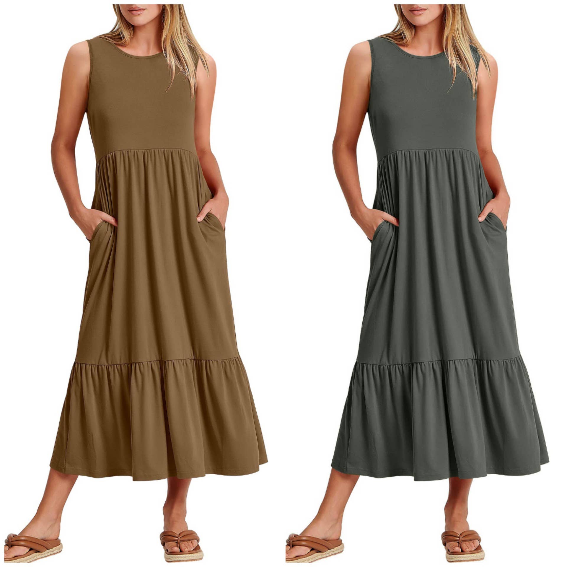 Ladies Sleeveles Pockets Simple Midi Dress 9123