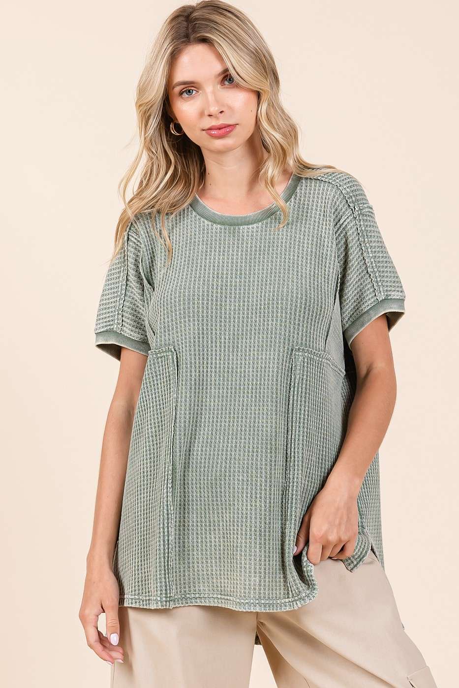 MINERAL WASH WAFFLE KNIT SEAM DETAIL TUNIC TOP