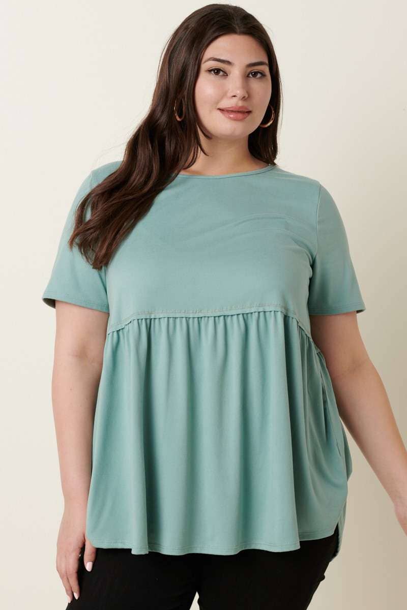 CT9069PL-PLUS DTY ROUND NECK BABYDOLL KNIT TOP