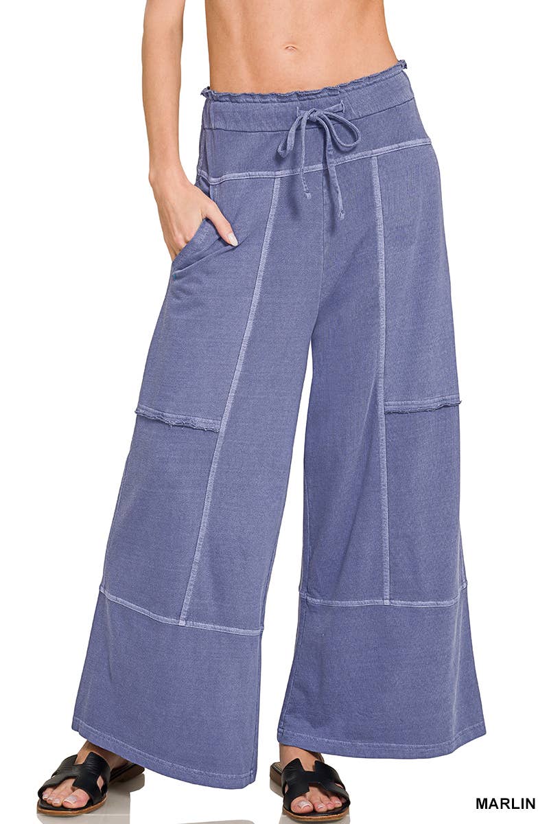 French Terry Washed Wide Leg Pants w/ Pockets - Zenana