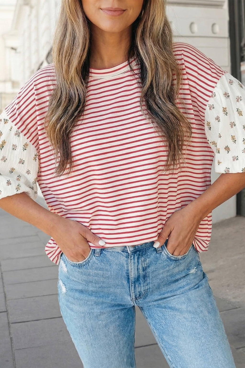 Stripe Floral Puff Sleeve Round Neck Top | S-XL
