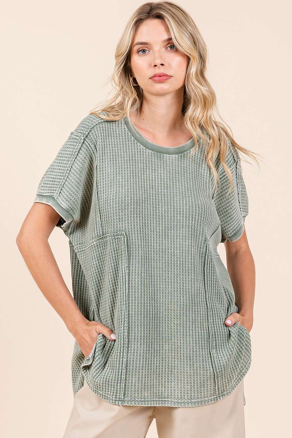MINERAL WASH WAFFLE KNIT SEAM DETAIL TUNIC TOP
