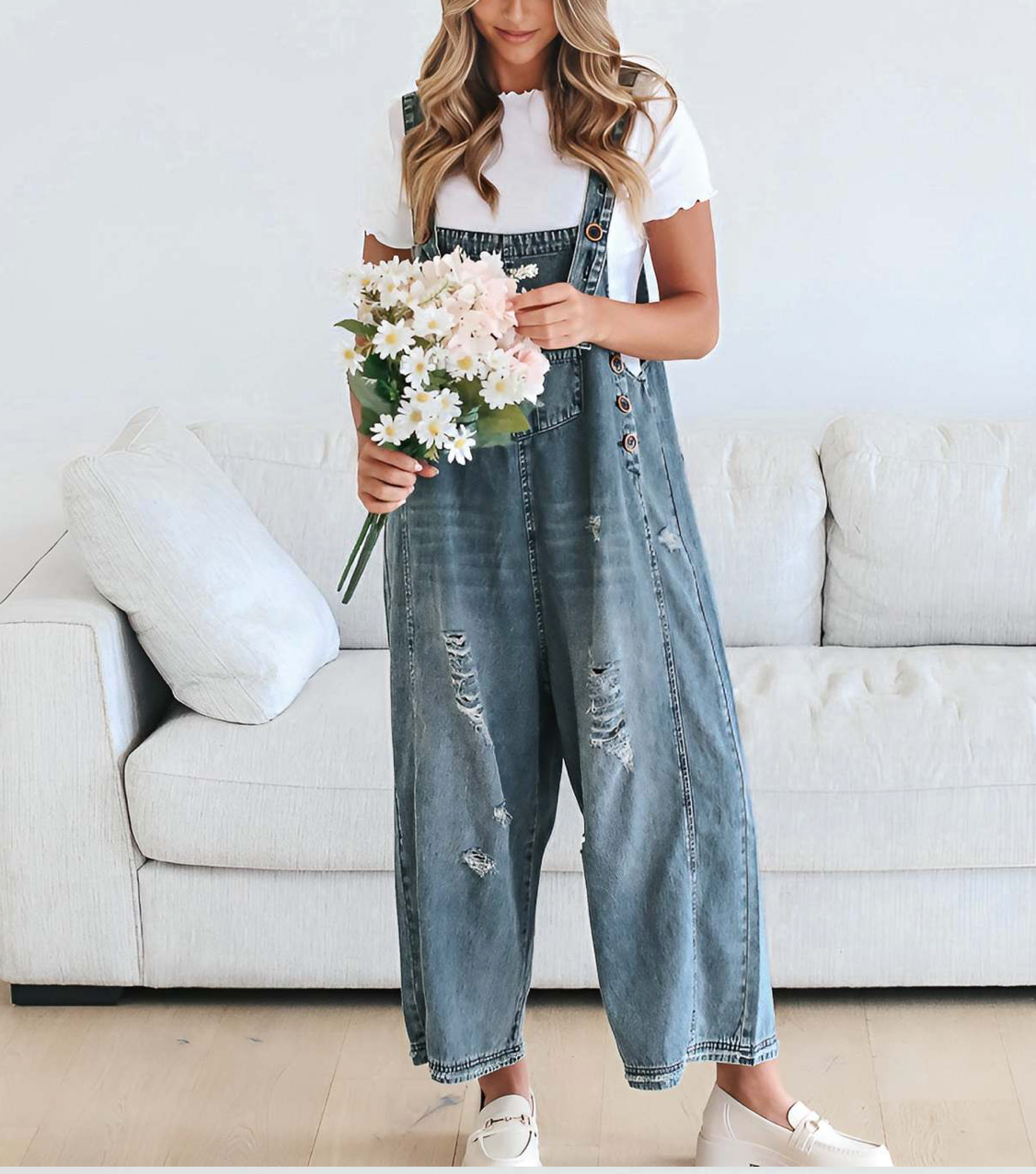 Women's Wide Leg Jumpsuit with Ripped Details Denim Overalls