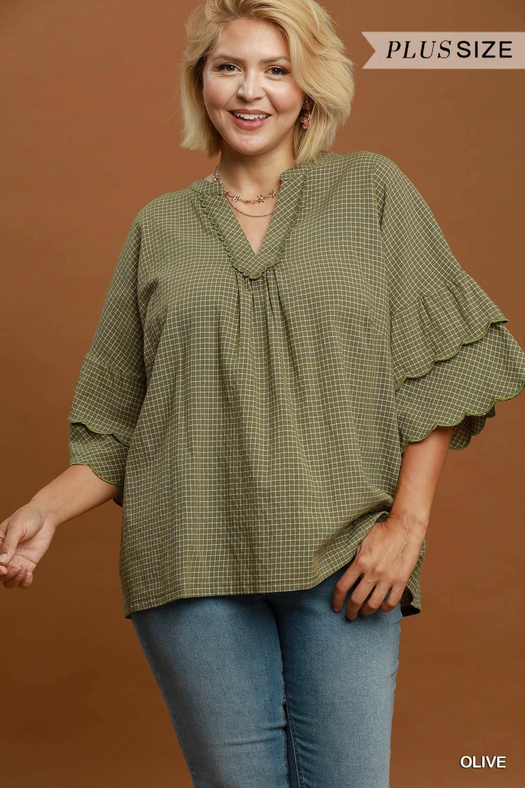 Plus Checkered Tiered Ruffle Sleeve Blouse