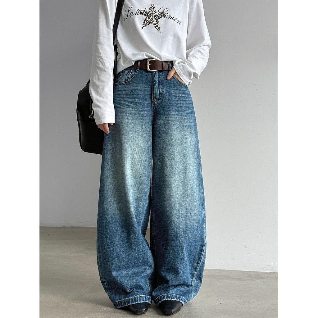 Cotton Vintage High-Waisted Wide-Leg Jeans for Women, Autumn Washed Gradient Straight Leg Long Pants