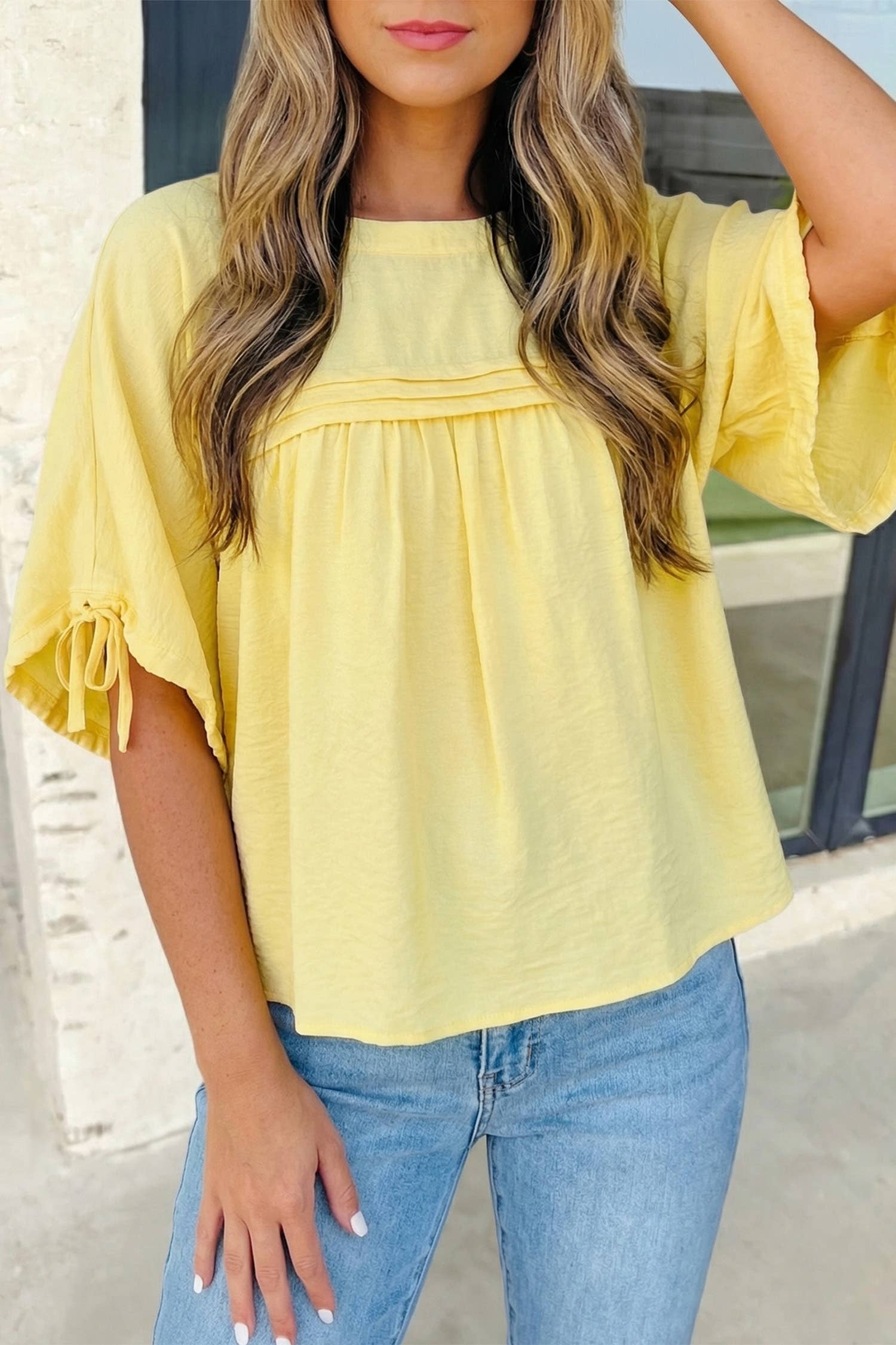 Tie Half Sleeve Pleated Detail Babydoll Blouse | S-XL