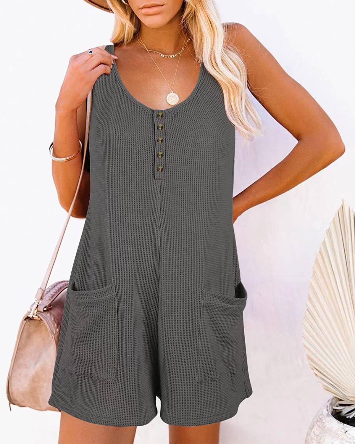 Henley waffle romper pocket short jumpsuit