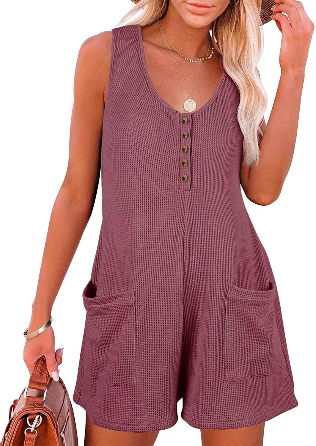Henley waffle romper pocket short jumpsuit