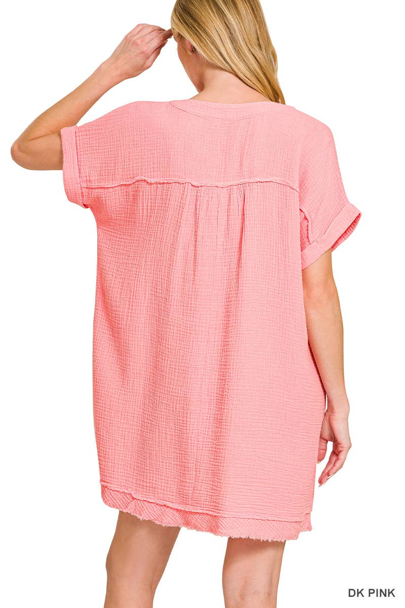 Double Gauze Raw Edge V-neck Dress