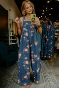 Beau Floral Print Pleated High Waist Wide Leg Denim Jumpsuit