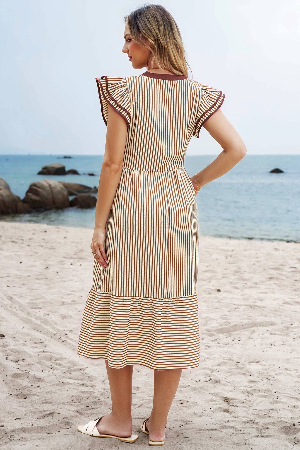 Stripe Double Ruffled Short Sleeve V Neck Midi Dress S-4X