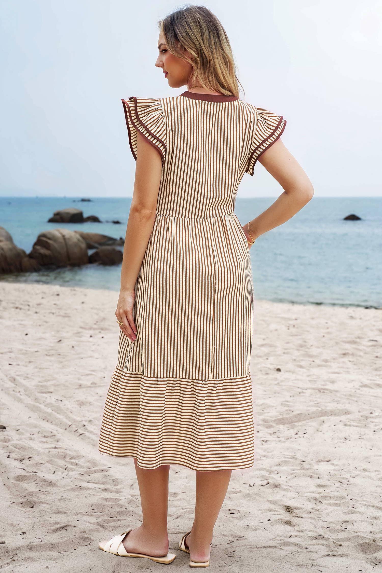 Stripe Double Ruffled Short Sleeve V Neck Midi Dress S-4X