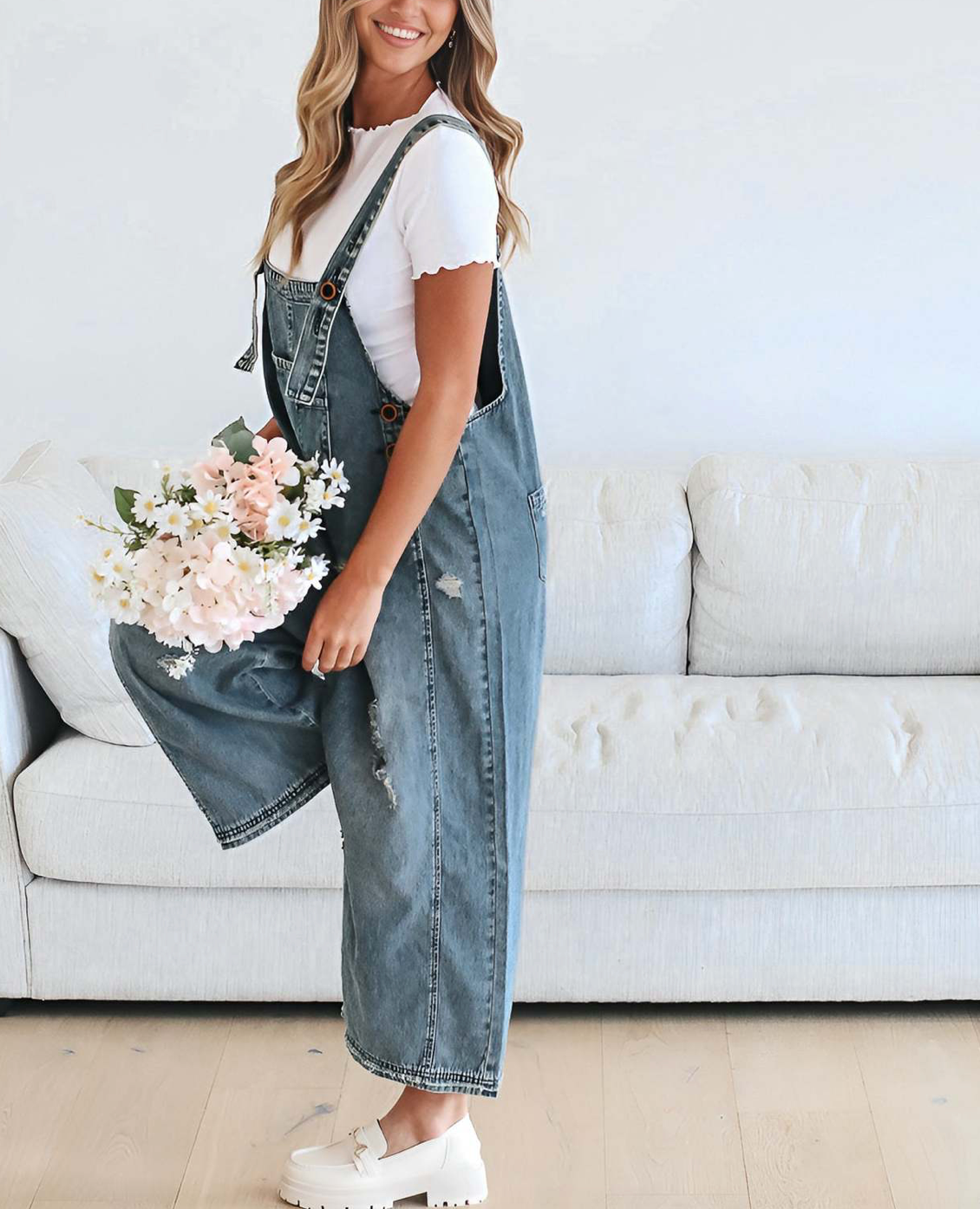 Women's Wide Leg Jumpsuit with Ripped Details Denim Overalls