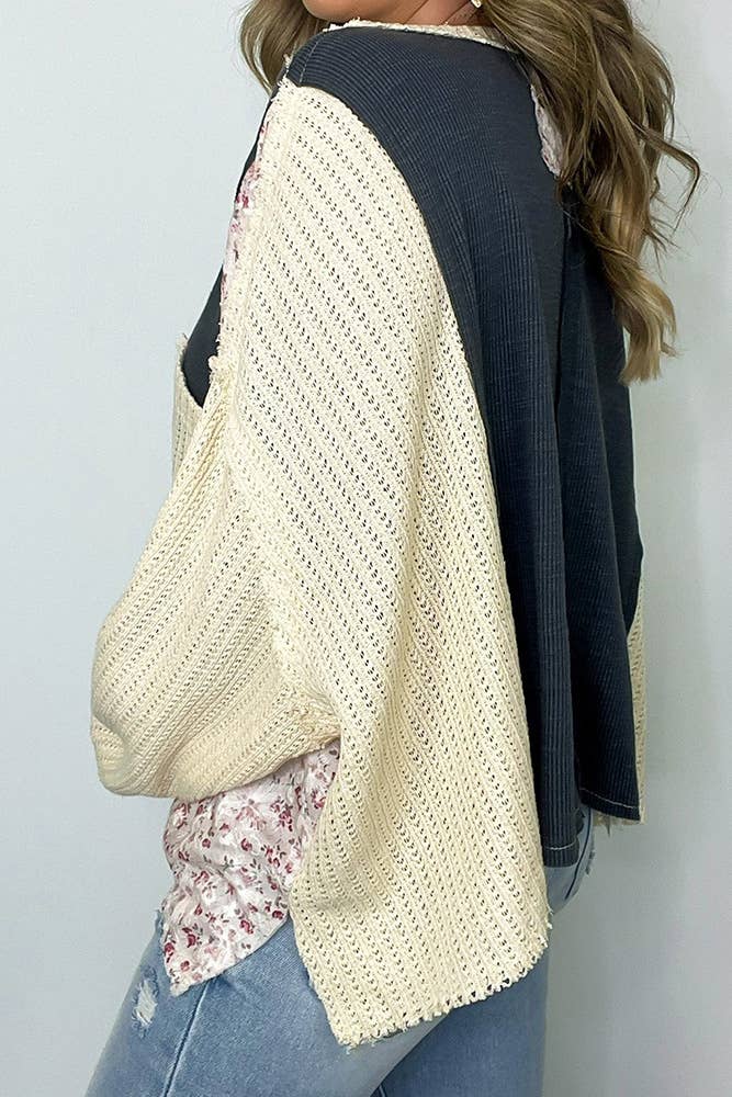 Floral Waffle Knit Color Block Pullover Top CY163