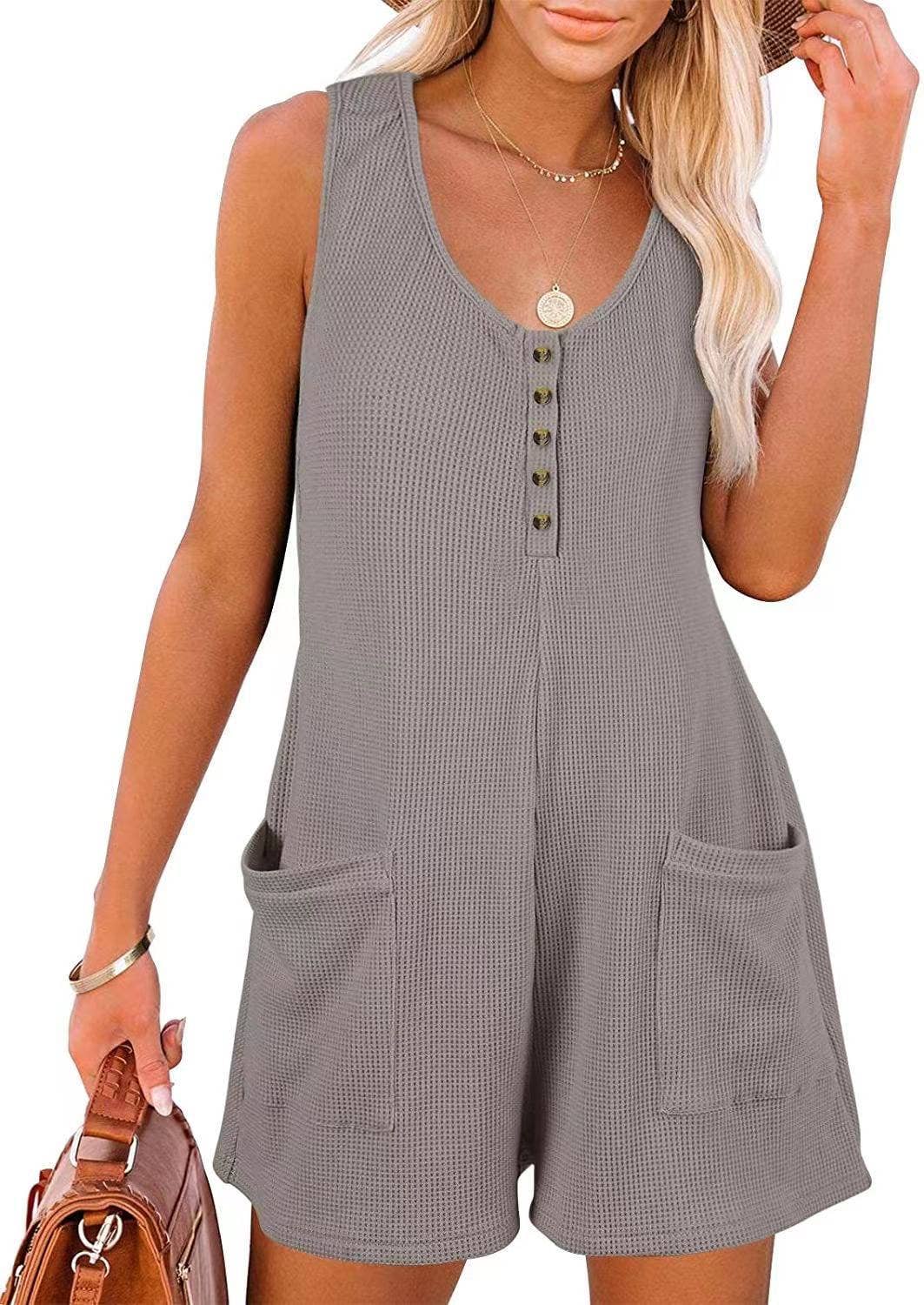 Henley waffle romper pocket short jumpsuit