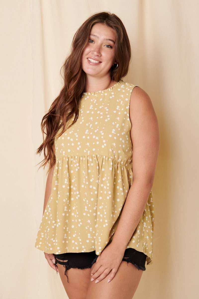 H14332PL-PLUS SPLASH DOT RUFFLE MOCK NECK BLOUSE