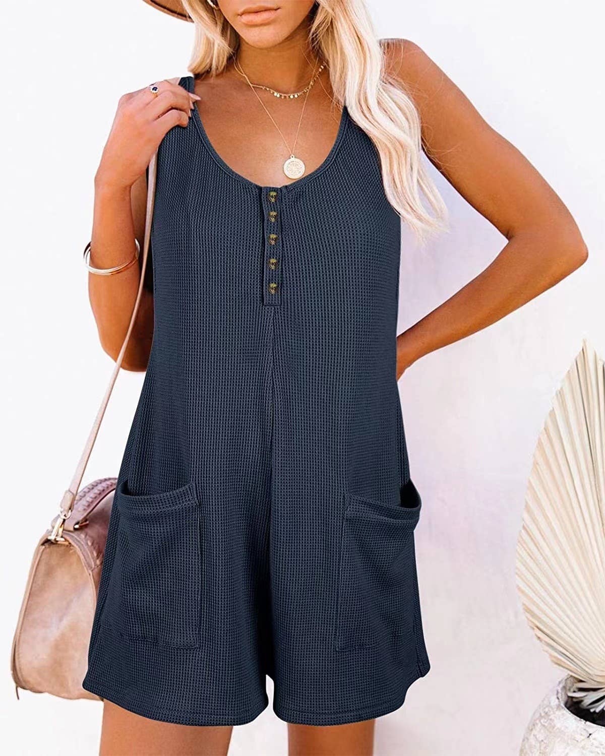 Henley waffle romper pocket short jumpsuit