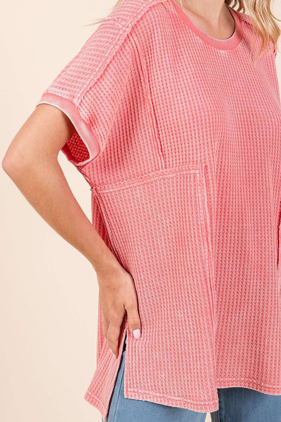 MINERAL WASH WAFFLE KNIT SEAM DETAIL TUNIC TOP