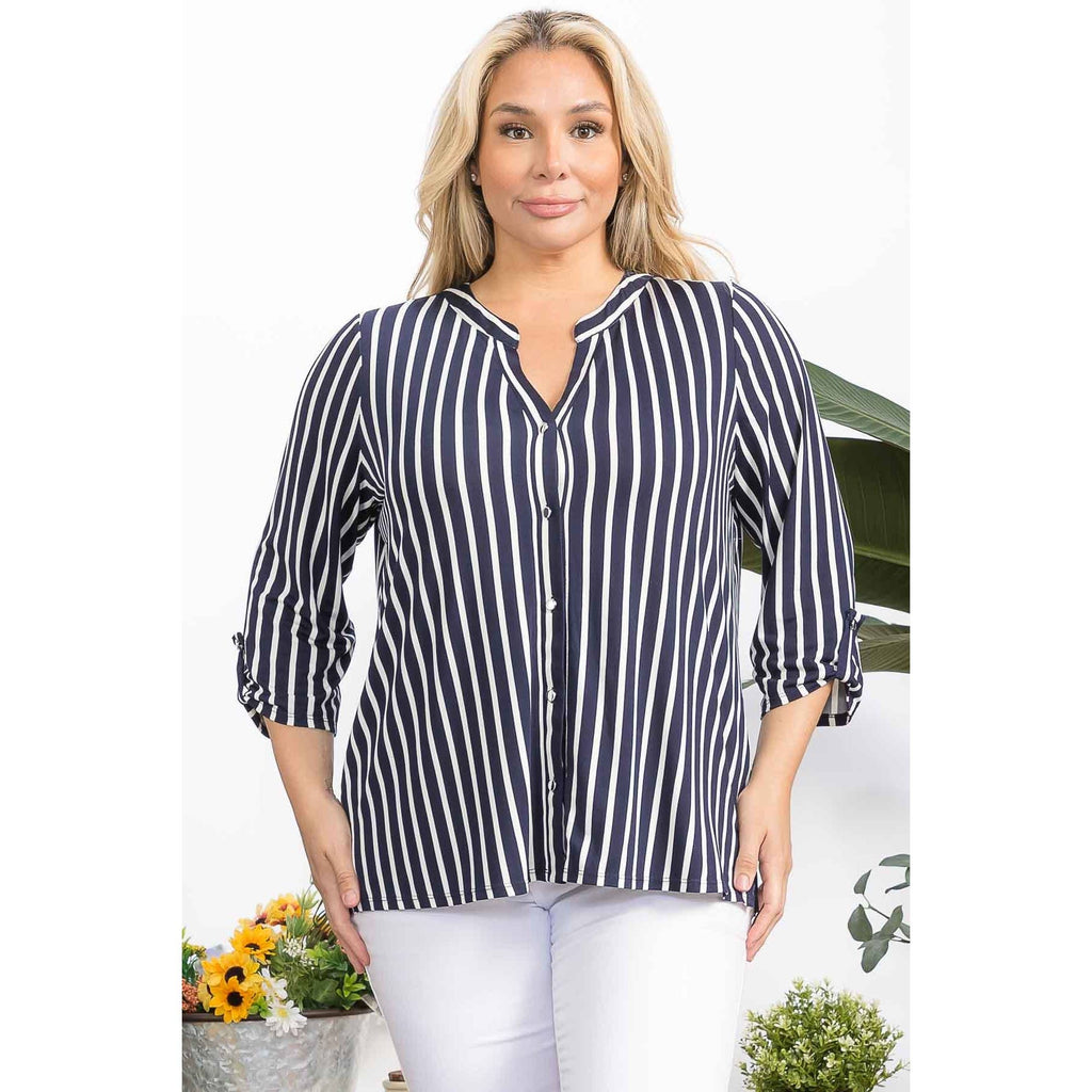 PLUS STRIPE MANDERINE SHIRT