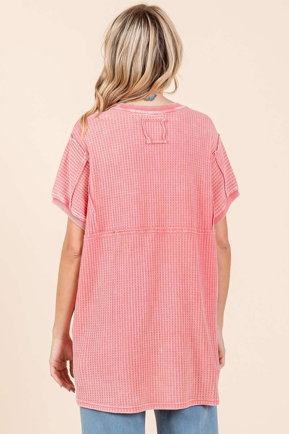 MINERAL WASH WAFFLE KNIT SEAM DETAIL TUNIC TOP