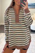 Oversized Striped Fleece Pullover Stand Collar Top CY167