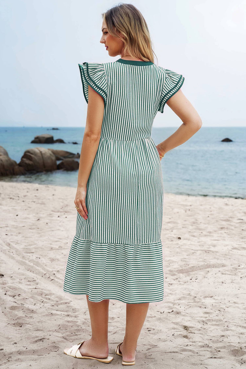 Stripe Double Ruffled Short Sleeve V Neck Midi Dress S-4X