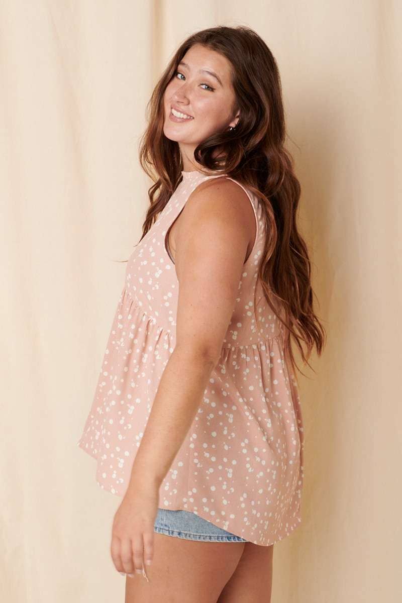 H14332PL-PLUS SPLASH DOT RUFFLE MOCK NECK BLOUSE