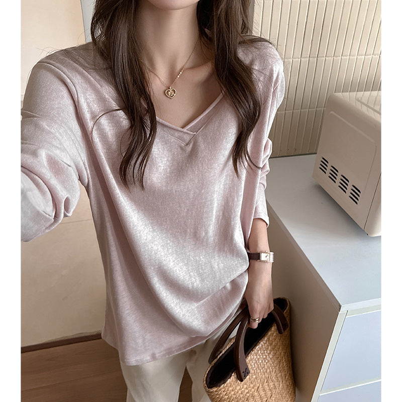 Relaxed long sleeve T-shirt for women, V-neck, snowflake cotton, inner wear or outer layer, straight shoulder, fashionable basic, loose fit, slimming top