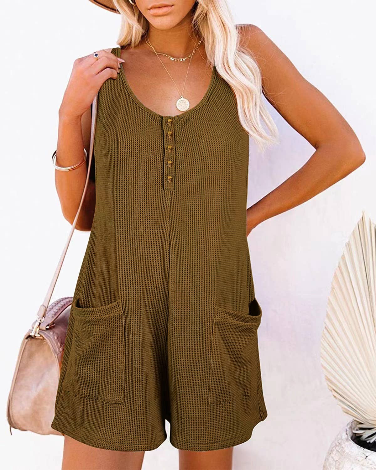 Henley waffle romper pocket short jumpsuit