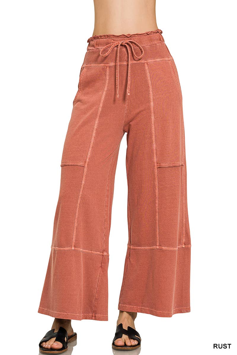 French Terry Washed Wide Leg Pants w/ Pockets - Zenana