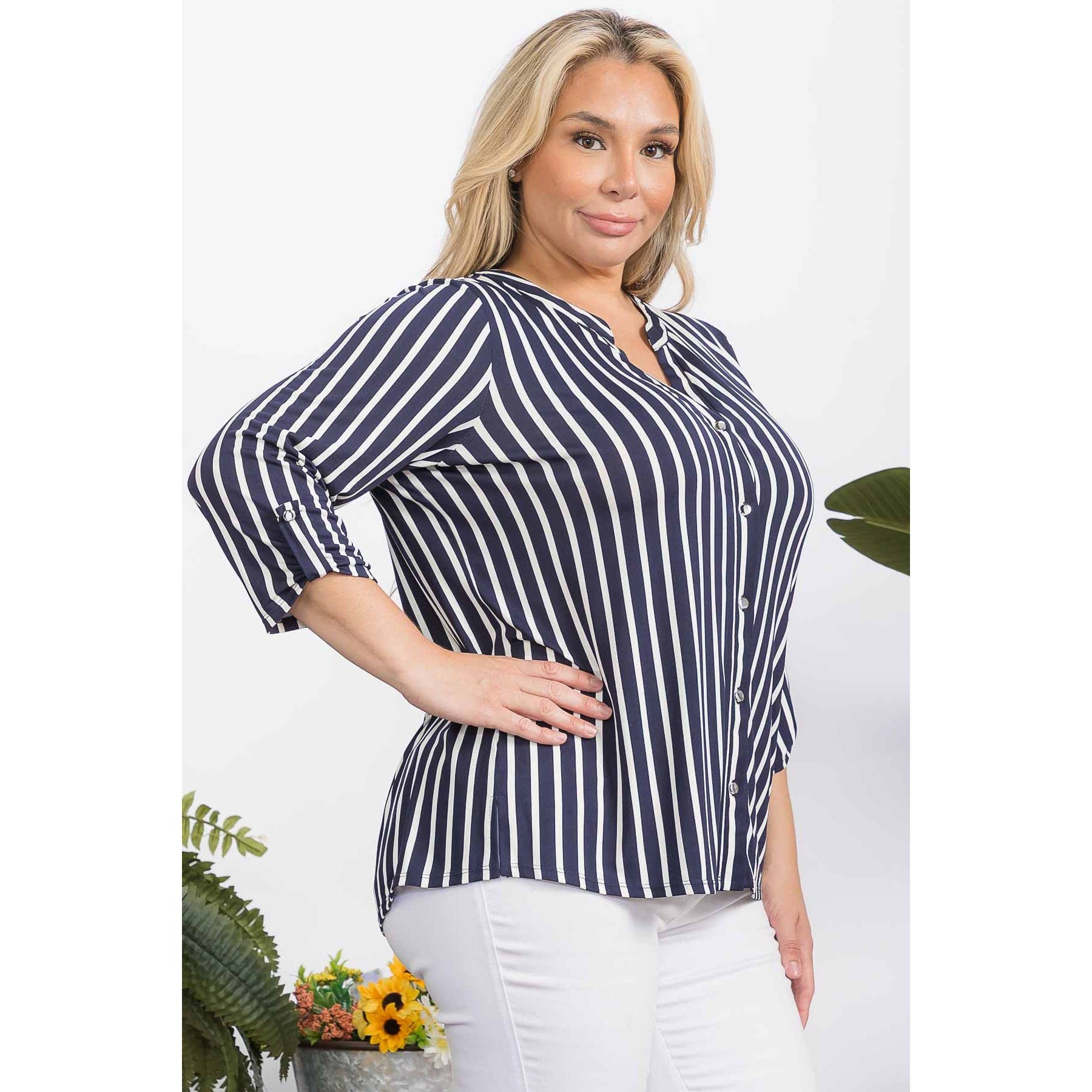 PLUS STRIPE MANDERINE SHIRT
