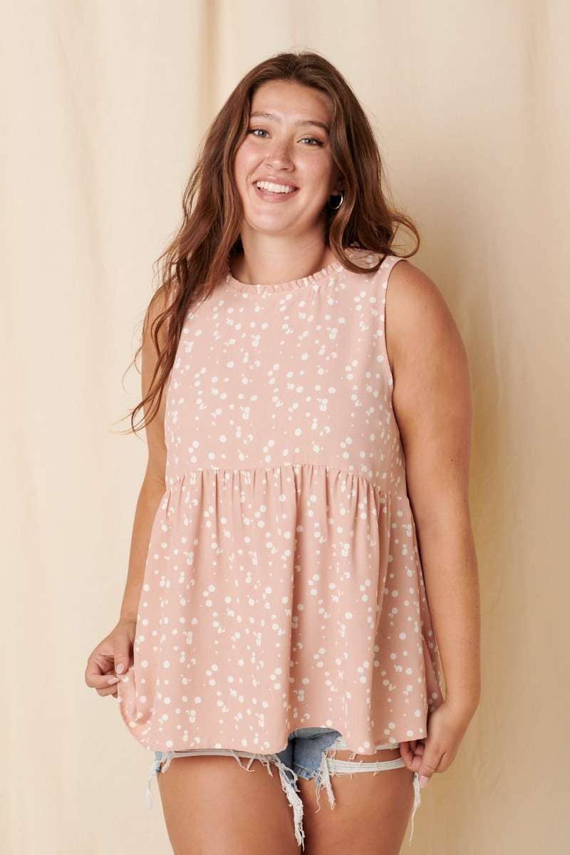 H14332PL-PLUS SPLASH DOT RUFFLE MOCK NECK BLOUSE