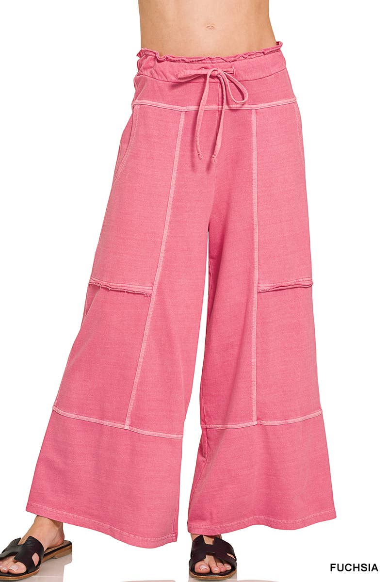 French Terry Washed Wide Leg Pants w/ Pockets - Zenana