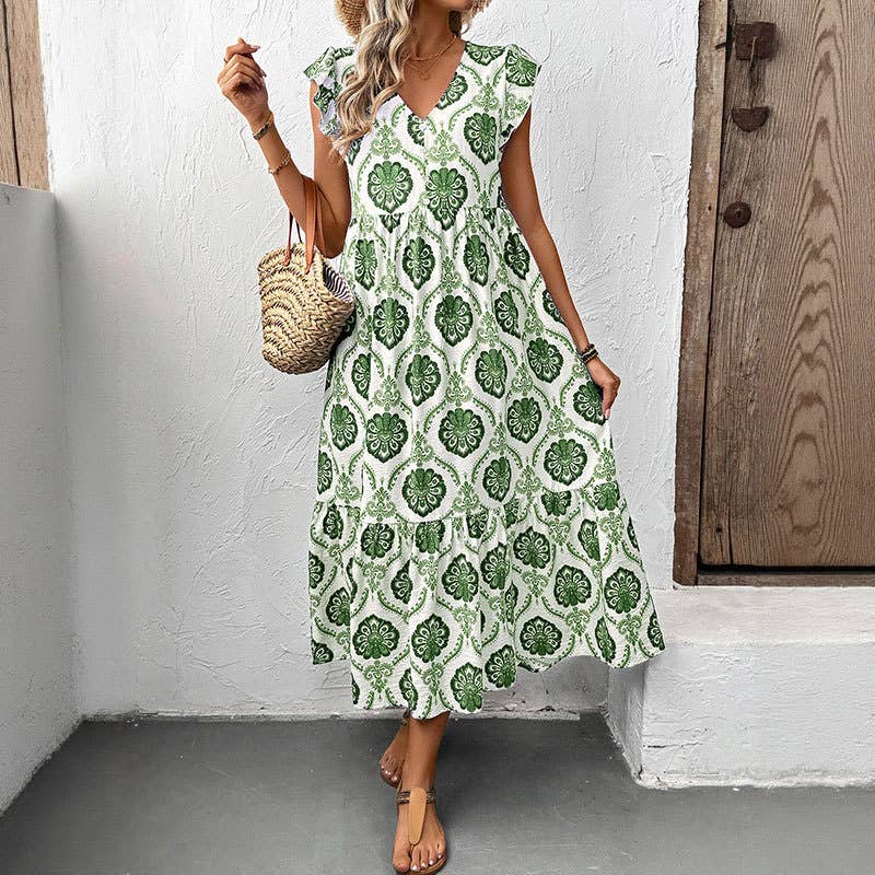 Loose-Fit Deep V-Neck Floral Print Maxi Dress