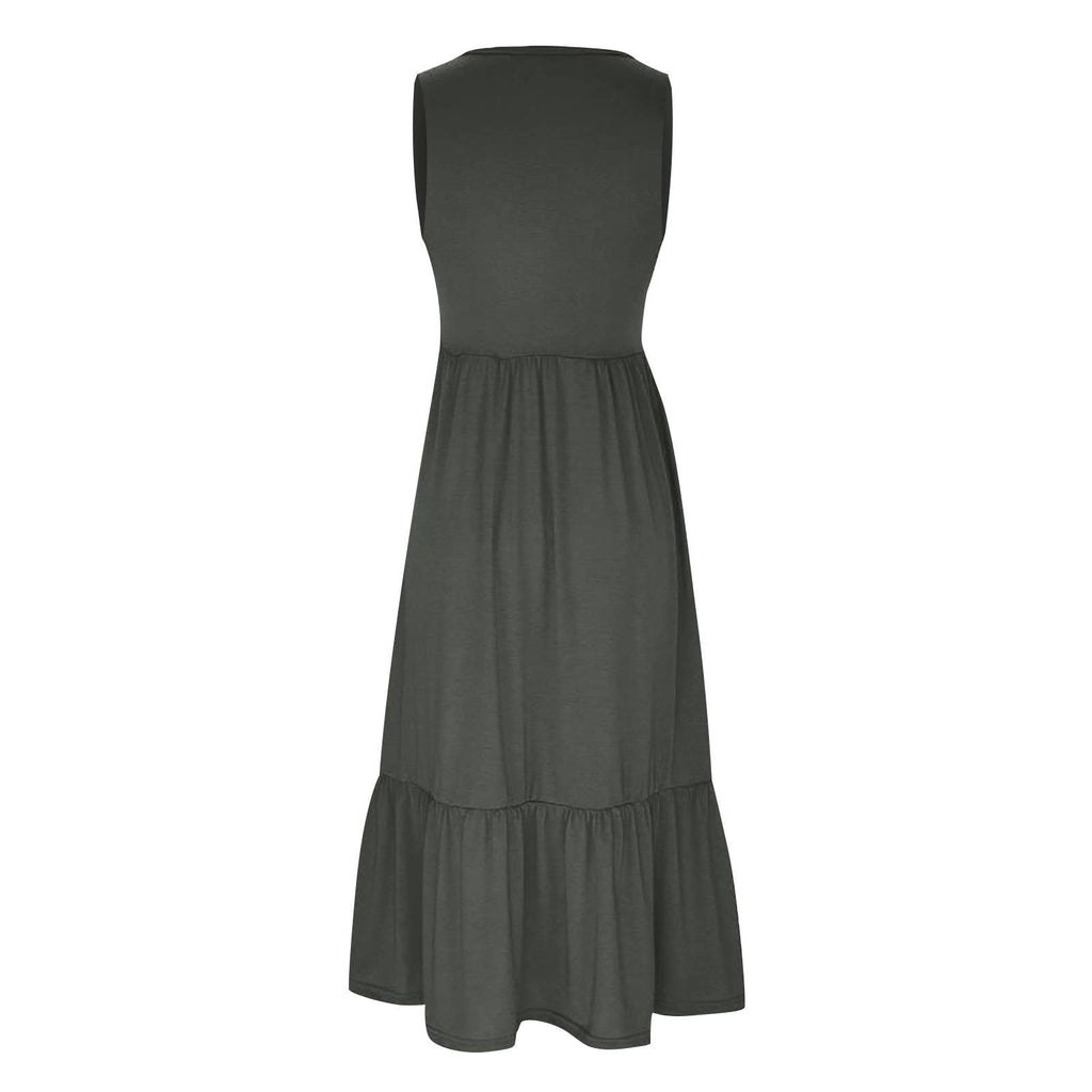 Ladies Sleeveles Pockets Simple Midi Dress 9123