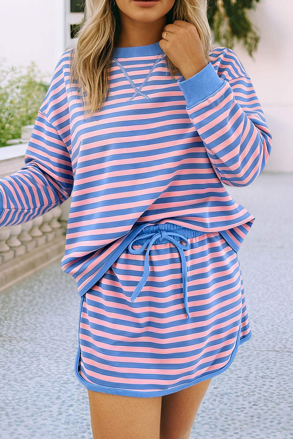 LDC Colorblock Striped Short Sleeve Top and Skirt Set