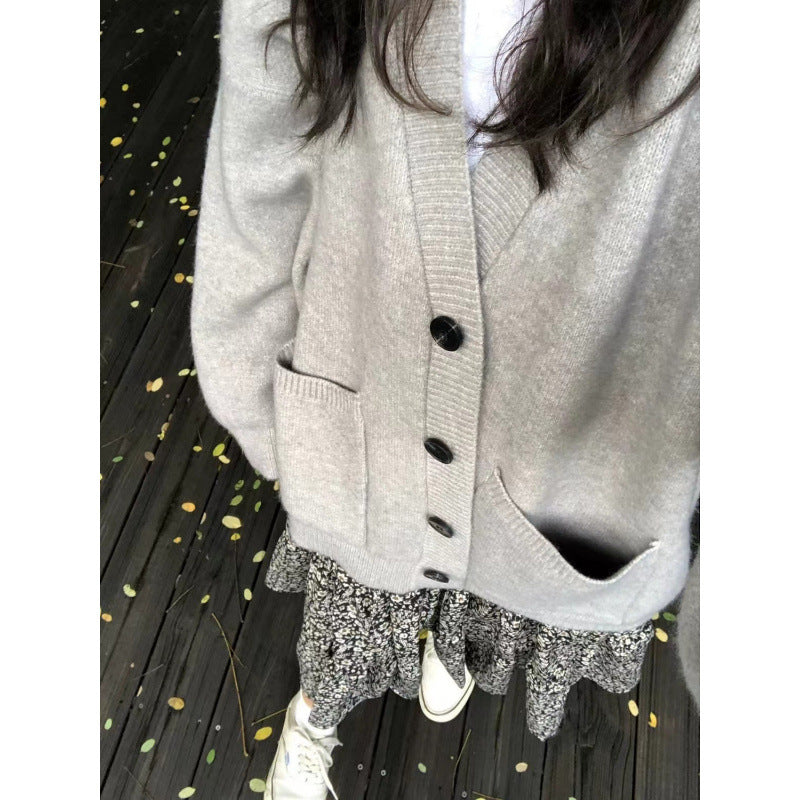 Retro V-Neck Long Sleeve Loose Knit Cardigan for Women Casual Oversized Sweater Coat