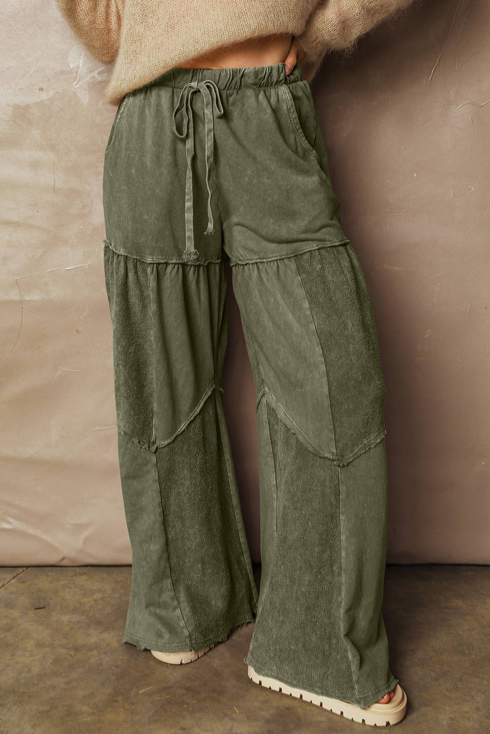 Mineral Wash Tiered Wide Leg Patchwork Drawstring Pants S-4X