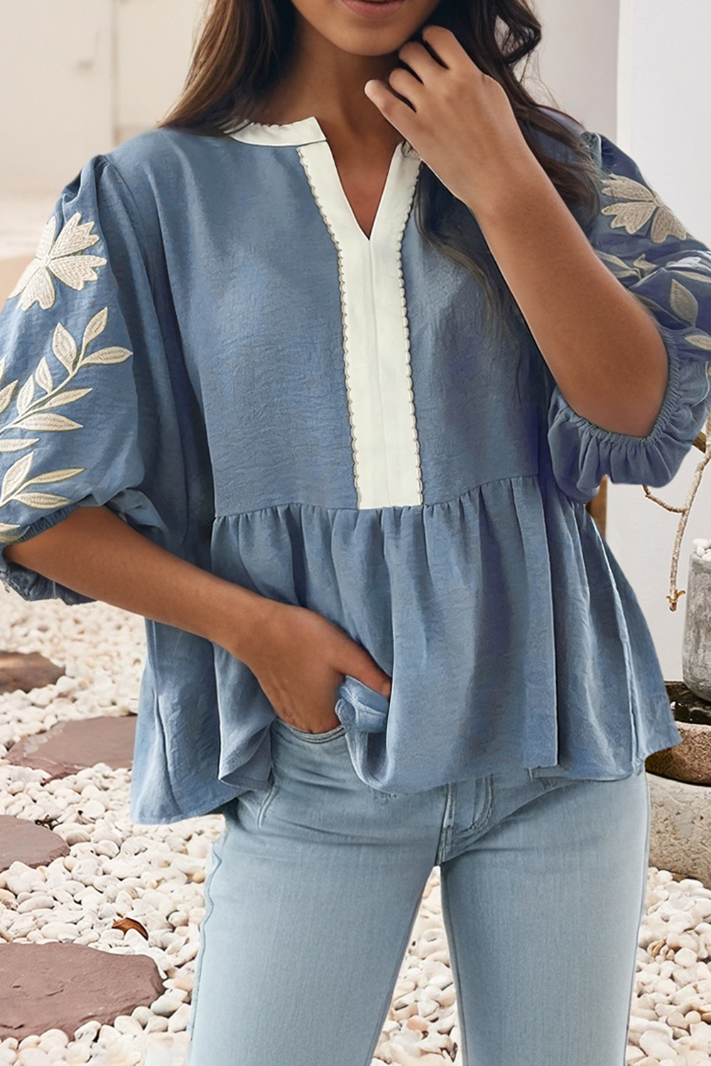 LDC Spring 2026 Patchwork Embroidered Puff Babydoll Blouse