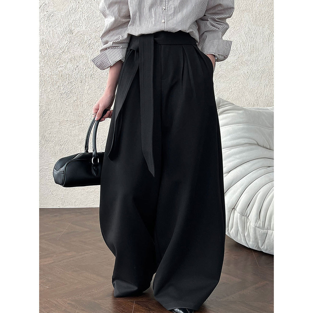 Retro Design Belted Pleated Wide-Leg Pants for Women Autumn New Casual Straight Leg Long Pants
