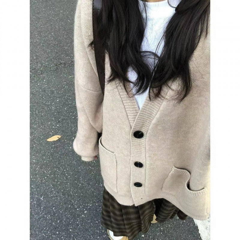 Retro V-Neck Long Sleeve Loose Knit Cardigan for Women Casual Oversized Sweater Coat