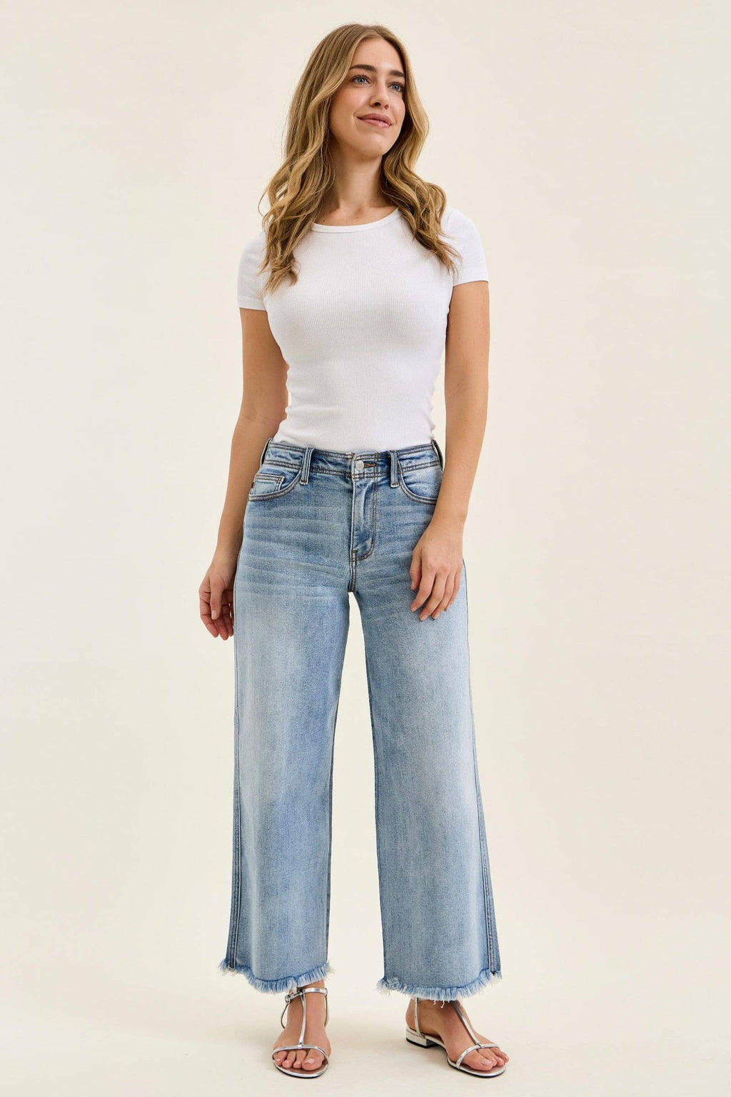 Judy Blue Mid Rise Light Wash Ankle Wide Leg Jeans with Hollywood Waistband & Fray Hem