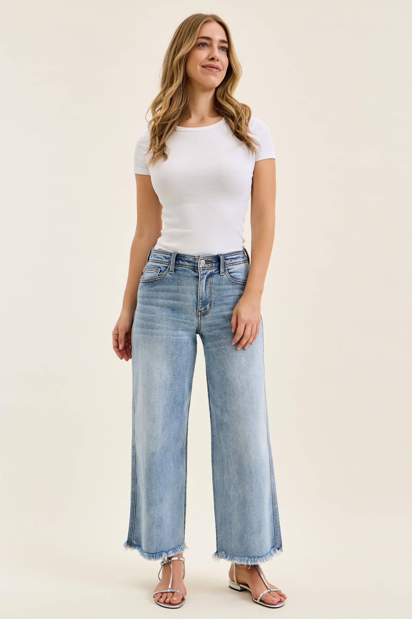 Judy Blue Mid Rise Light Wash Ankle Wide Leg Jeans with Hollywood Waistband & Fray Hem