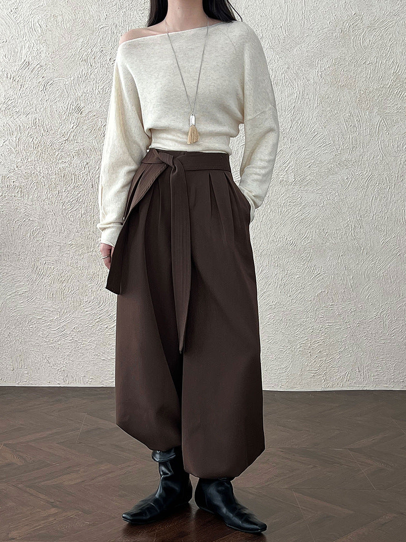 Retro Design Belted Pleated Wide-Leg Pants for Women Autumn New Casual Straight Leg Long Pants