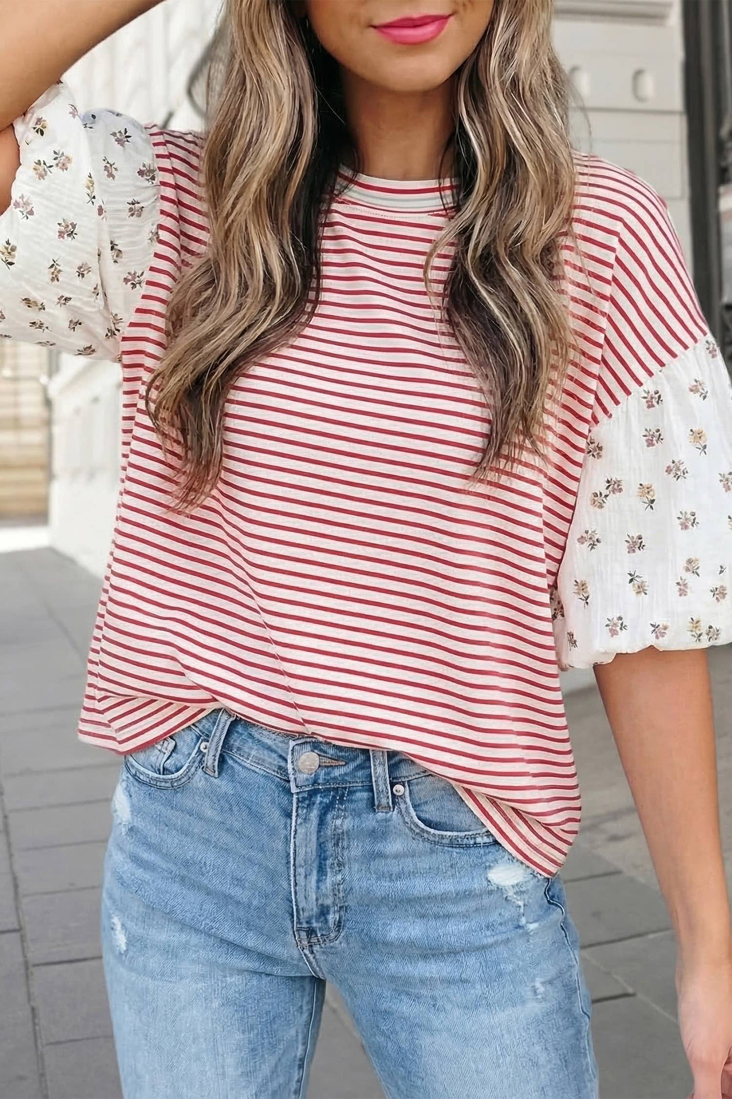 Stripe Floral Puff Sleeve Round Neck Top | S-XL