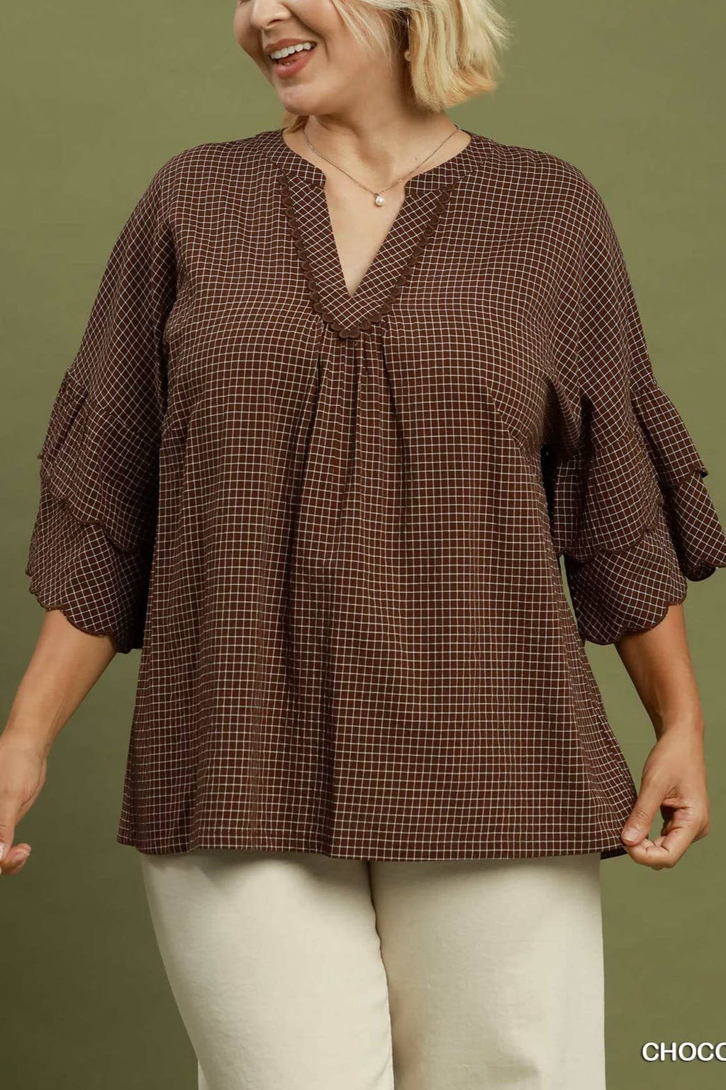 Plus Checkered Tiered Ruffle Sleeve Blouse