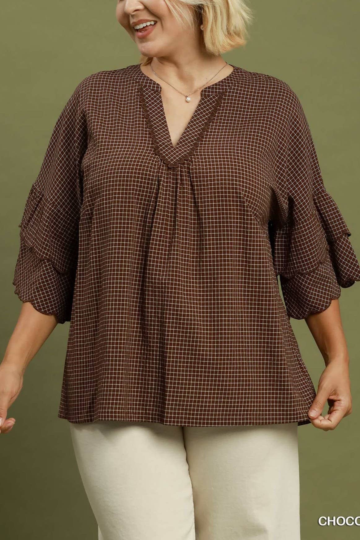 Plus Checkered Tiered Ruffle Sleeve Blouse